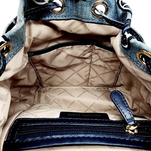 Michael Kors Beacon Backpack Bag Blue Denim Embellished Drawstring Hippie Love - Picture 12 of 16
